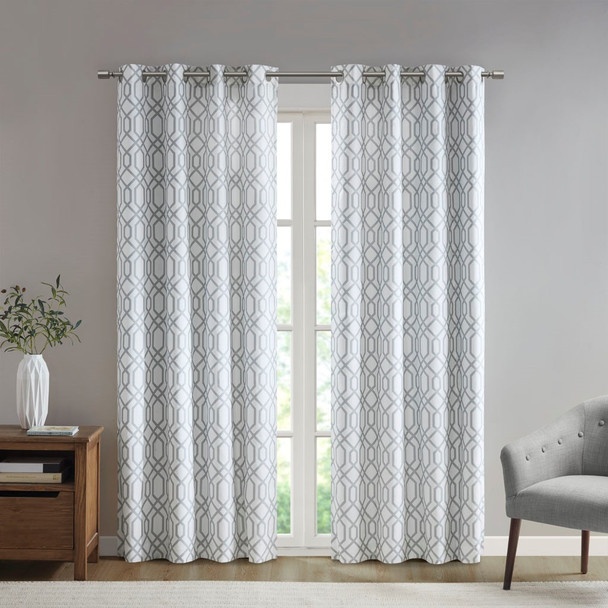White w/Grey Ogee Textured Blackout Grommet Top Curtain Panel (Albina-White-Curtain)
