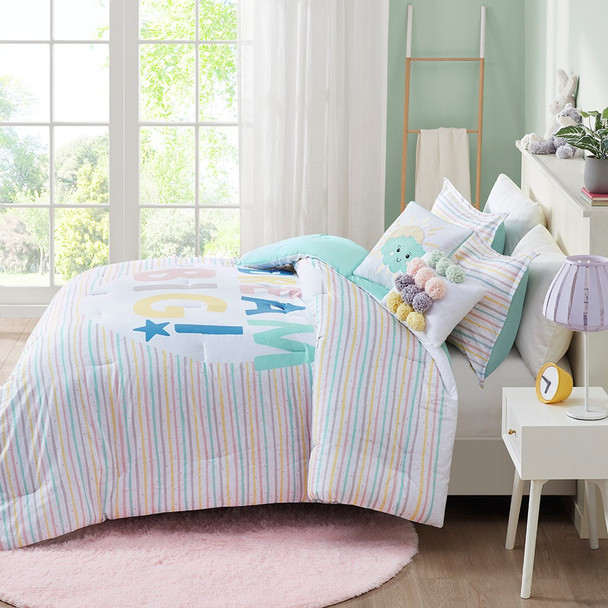 Charming Dream Big Affirmation Striped Comforter Set AND Decorative Pillows (Dream Big-Aqua Multi)