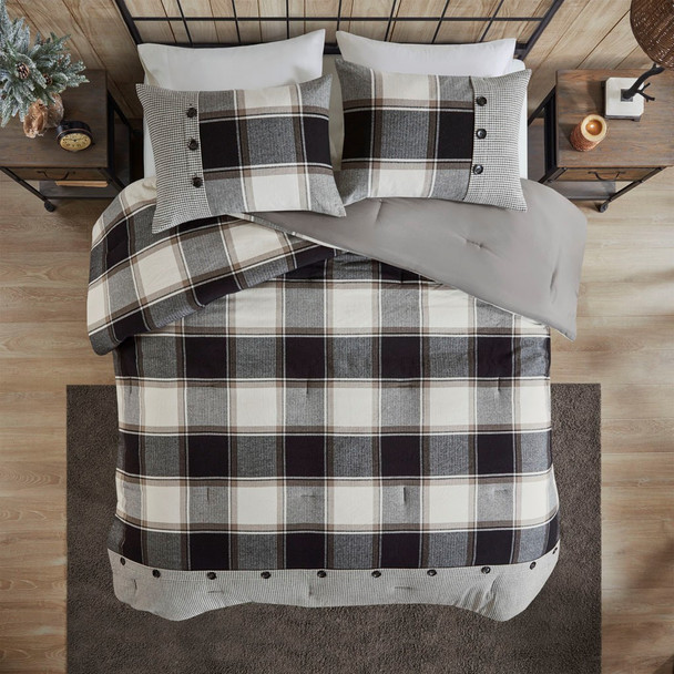 3pc Black & Brown Plaid Cotton Comforter AND Decorative Shams (Hudson-Brown)