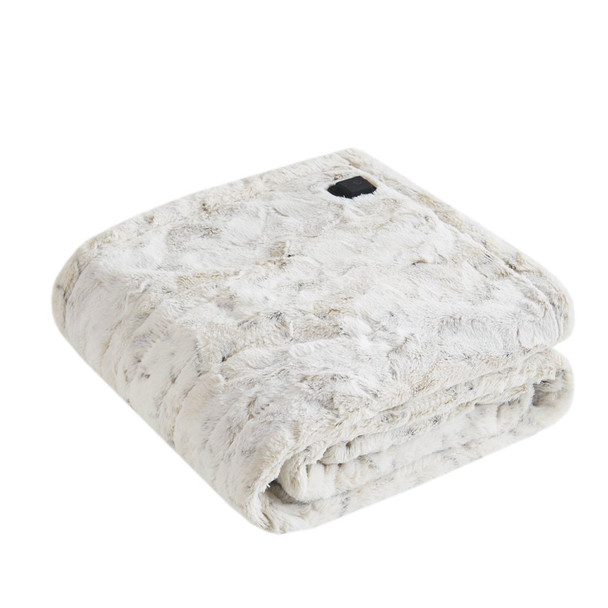 Snow Leopard Oversized Heated Faux Fur Wrap w/Built-in Controller - 50x64" (Zuri Faux Fur Heated Wrap-Snow Leopard)