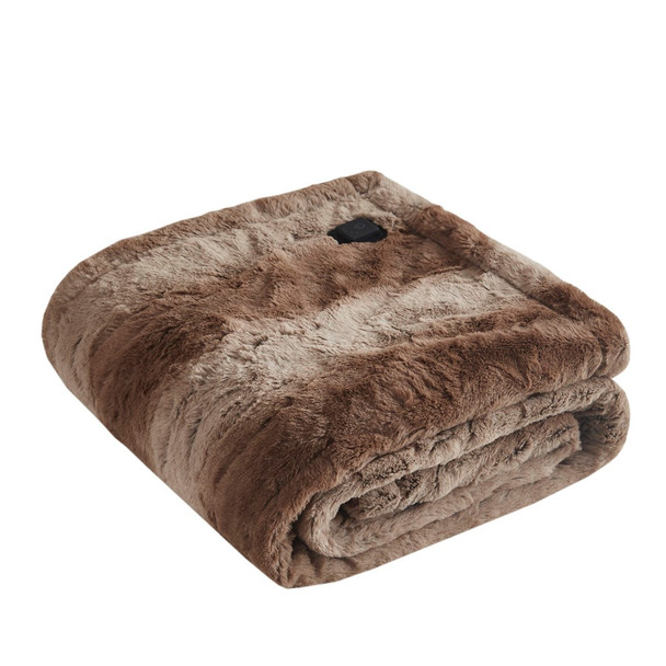 Tan Brown Oversized Heated Faux Fur Wrap w/Built-in Controller - 50x64" (Zuri Faux Fur Heated Wrap-Tan)