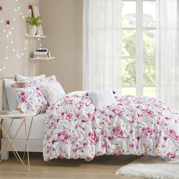 Pink & White Floral Design Comforter Set AND Decorative Pillows (Laci-Pink-comf)
