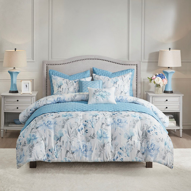 8pc Blue & White Floral Comforter AND Coverlet Set w/Decorative Pillows (Pema 8 Piece -Blue-Comf)