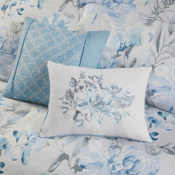 8pc Blue & White Floral Comforter AND Coverlet Set w/Decorative Pillows (Pema 8 Piece -Blue-Comf)