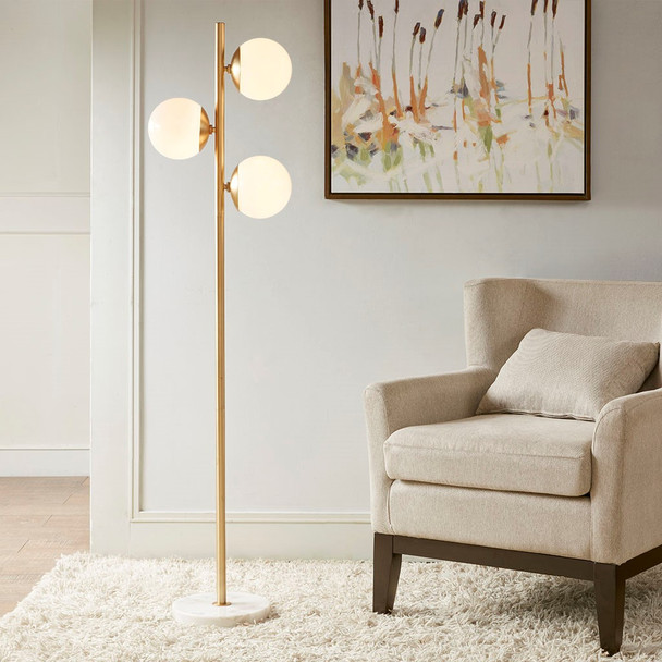 White Glass Shade & Gold Finish Floor Lamp w/Marble Base (Holloway Floor Lamp)