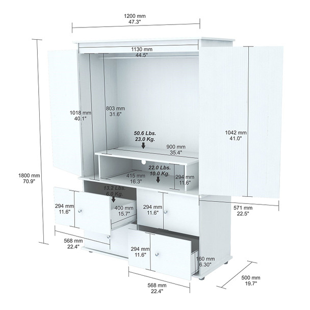 White Finish Wood Four Drawer Armoire Dresser