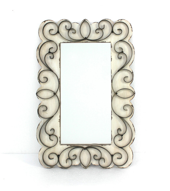 32.75" x 21.75" x 1.25" White Vintage Decorative Wood & Metal  Wall Mirror