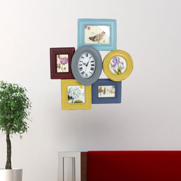 1.77" x 21.65" x 23.43" Multi-Color Vintage Wood Photo Frame & Clock - Wall Decor