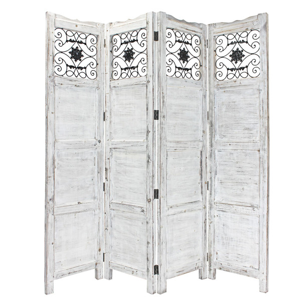 Gray Wash 4 Panel with Scroll Work Room Divider Screen