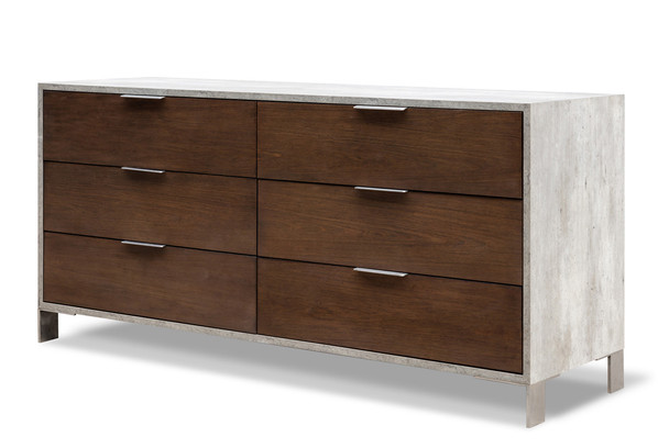 30" Dark Walnut Veneer  Steel  and Concrete Dresser with 6 Drawers