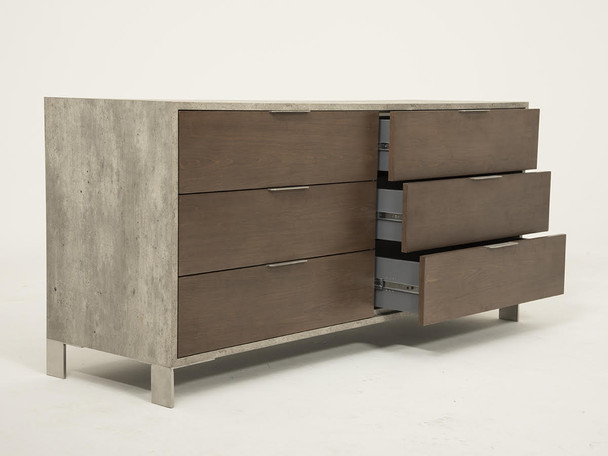 30" Dark Walnut Veneer  Steel  and Concrete Dresser with 6 Drawers