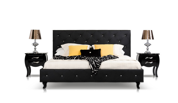 48" Black Leatherette and MDF Queen Bed with Crystals