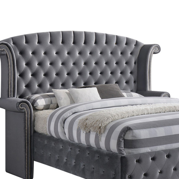 86" X 87" X 66" Gray Velvet Queen Bed