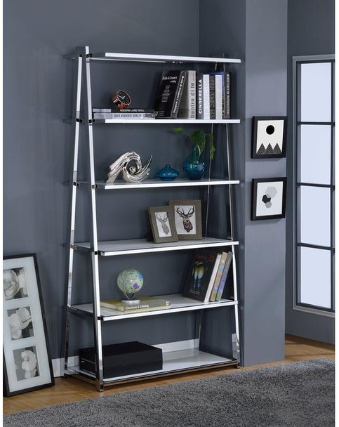 36" X 16" X 71" White High Gloss And Chrome Bookcase