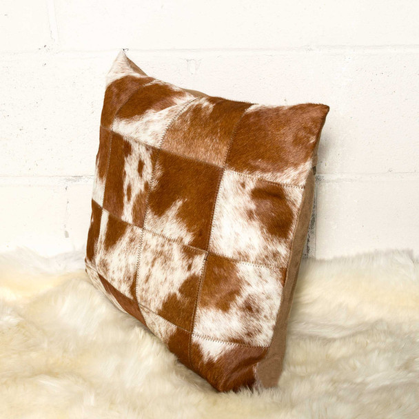 18" x 18" x 5" Brown And White Patchwork Cowhide  Pillow