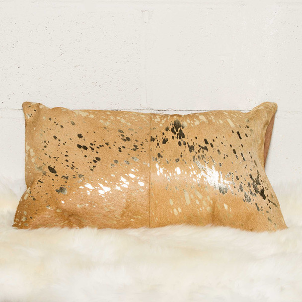 12" x 20" x 5" Gold And Tan Cowhide  Pillow