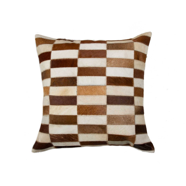 18" x 18" x 5" Brown And White Linear Cowhide  Pillow