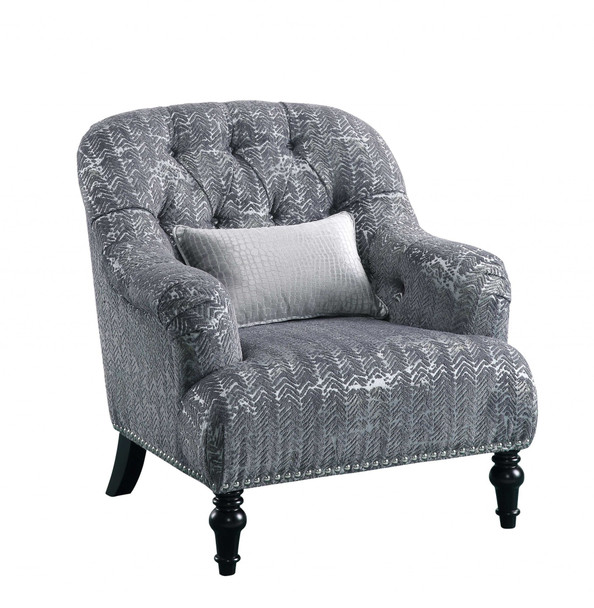 34" X 37" X 37" Gray Patterned Velvet Chair w/ 1 Pillow