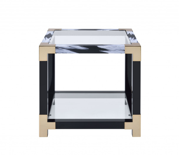 25" X 24" X 25" White Brushed Gold And Clear Glass  End Table