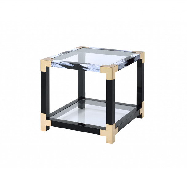 25" X 24" X 25" White Brushed Gold And Clear Glass  End Table