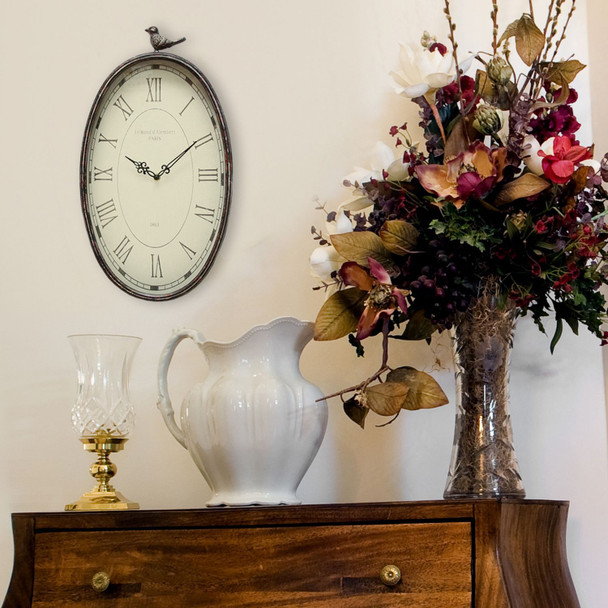 10.75" Oval Distressed Gunmetal Antique Bird Clock