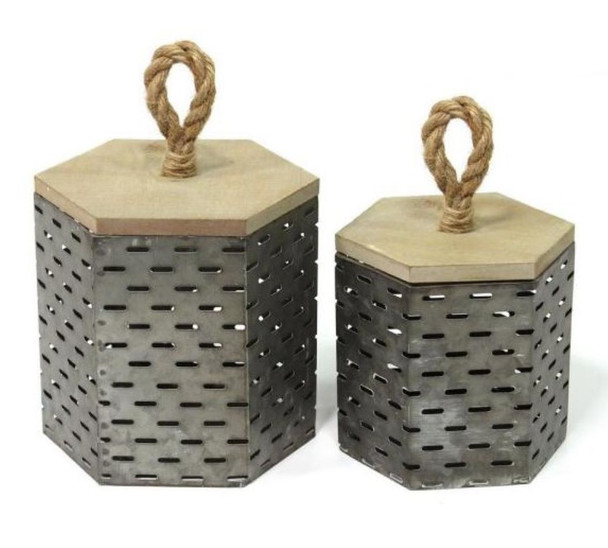 Set of 2 Rustic Farmhouse Decorative Metal Canisters