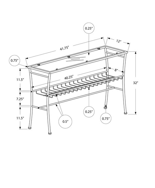 12" x 41.75" x 32" Silver Clear Metal Tempered Glass  Accent Table