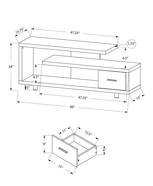 15.75" x 60" x 24" White Silver Particle Board Hollow Core Metal TV Stand with a Drawer