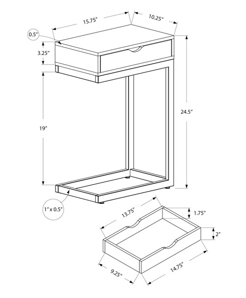 10.25" x 15.75" x 24.5" Cappuccino Finish and Gold Laminated Drawer Accent Table