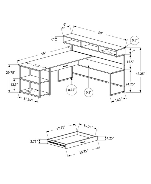 59" x 59" x 47.25" Grey Black Metal  Corner Computer Desk