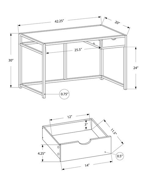 20" x 42.25" x 30" White Silver Mdf Metal  Computer Desk