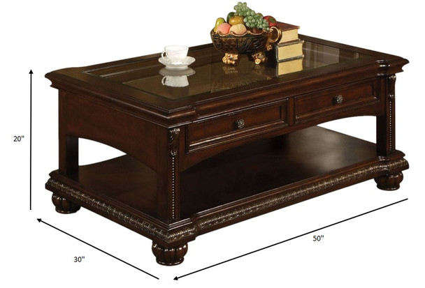 30" X 50" X 20" Cherry Wood Glass Veneer Coffee Table