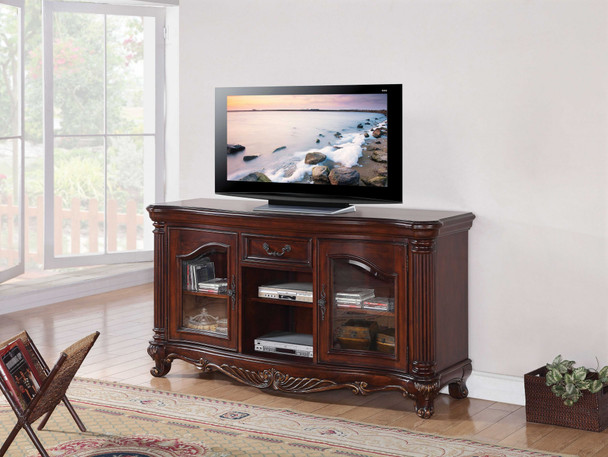 20" X 65" X 34" Brown Cherry Wood Glass TV Stand