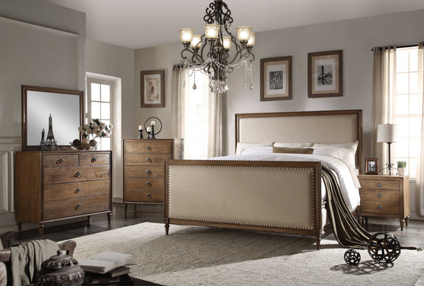 80" X 88" X 65" Beige Linen Reclaimed Oak Wood Upholstery King Bed