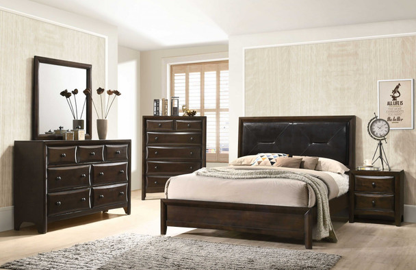 64" X 83" X 52" Black PU Walnut Wood Upholstered HB Queen Bed