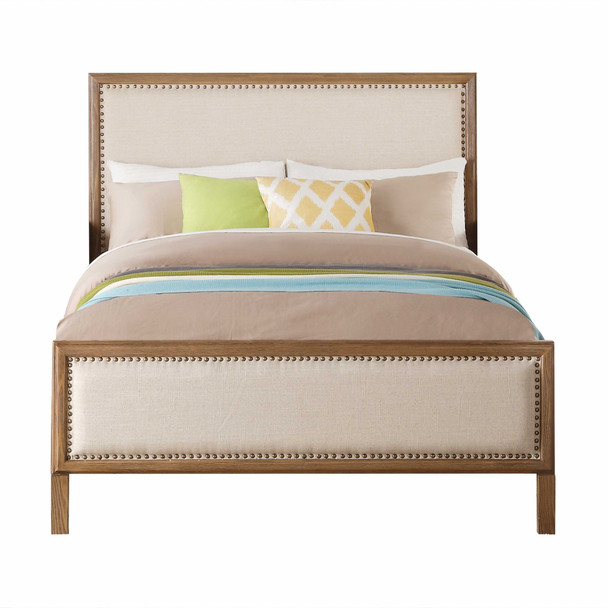 42" X 80" X 53" Beige Linen Reclaimed Oak Wood Upholstery Twin Bed
