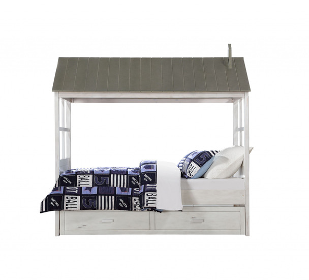 44" X 80" X 80" Weathered White Washed Gray Wood Twin Bed