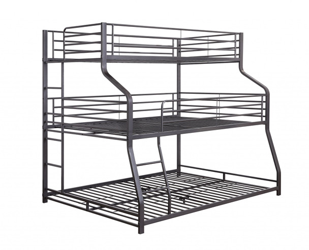 62" X 83" X 74" Gunmetal Metal Triple Bunk Bed  TwinFullQueen