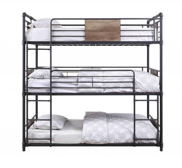 43" X 79" X 79" Sandy Black Dark Bronze HandBrushed Metal Wood Triple Bunk Bed  Twin