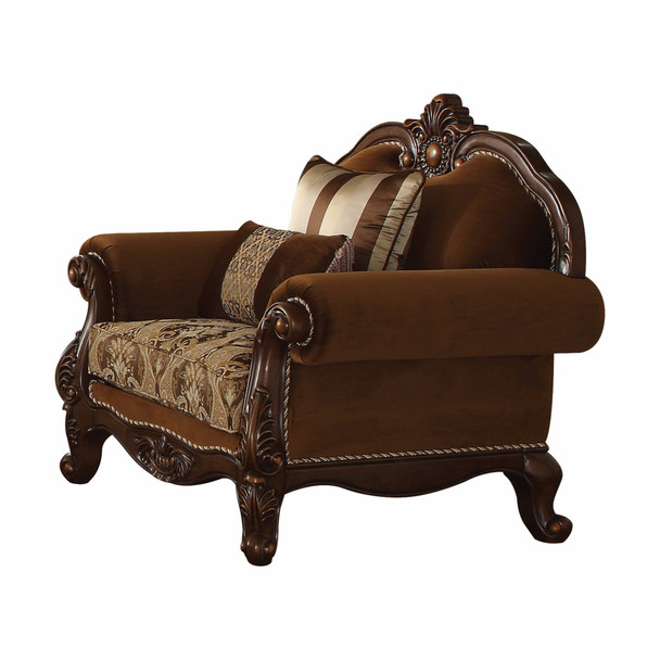 37" X 48" X 44" Fabric Cherry Oak Upholstery Wood Leg/Trim Chair w/2 Pillows