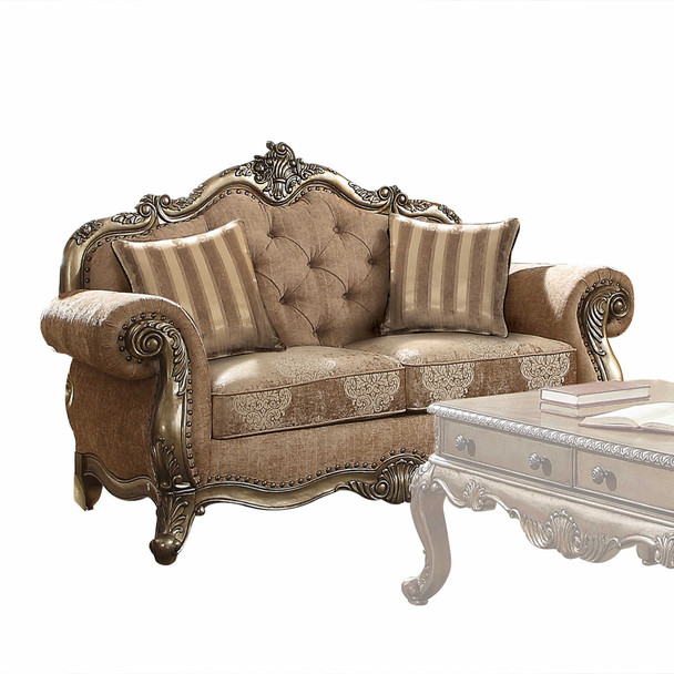 Ornate Vintage Look Velvet and Oak Loveseat