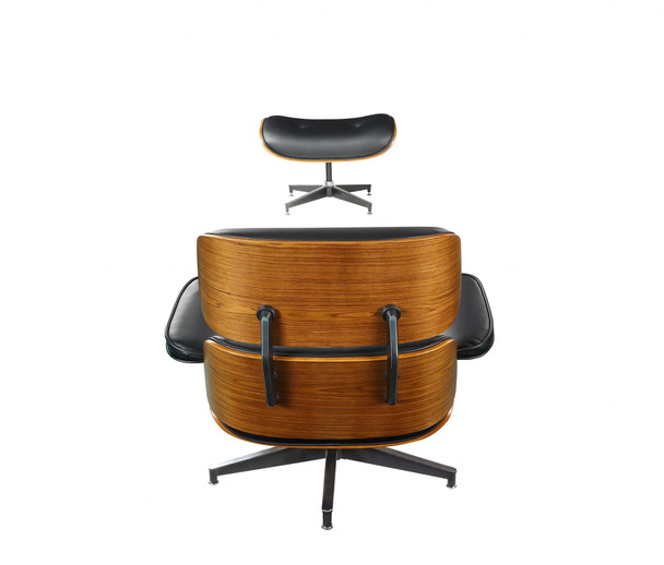 34" X 34" X 33" Black Bonded Leather Walnut Wood Upholstered (Seat) Aluminum Base Chair & Ottoman