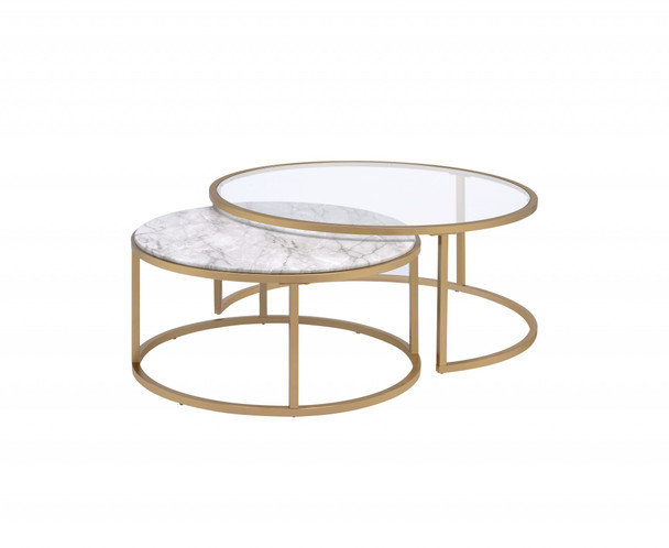 36" X 36" X 16" Faux Marble Gold Metal Engineered Wood 2Pc Pk Nesting Table Set