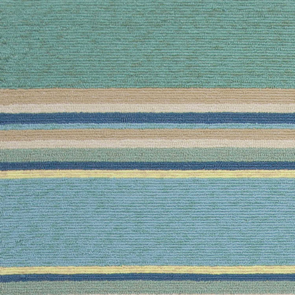 8'x10' Ocean Blue Hand Hooked UV Treated Awning Stripes Indoor Outdoor Area Rug