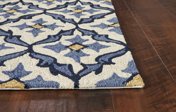 5' x 7' Ivory or Blue Geometric Mosaic Indoor Outdoor Area Rug
