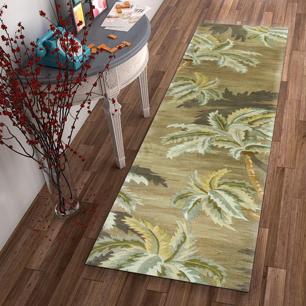10' Moss Green Hand Tufted Tropical Trees Indoor Runner Rug
