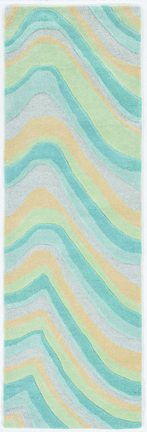 8' Ocean Blue Beige Hand Tufted Abstract Waves Indoor Runner Rug