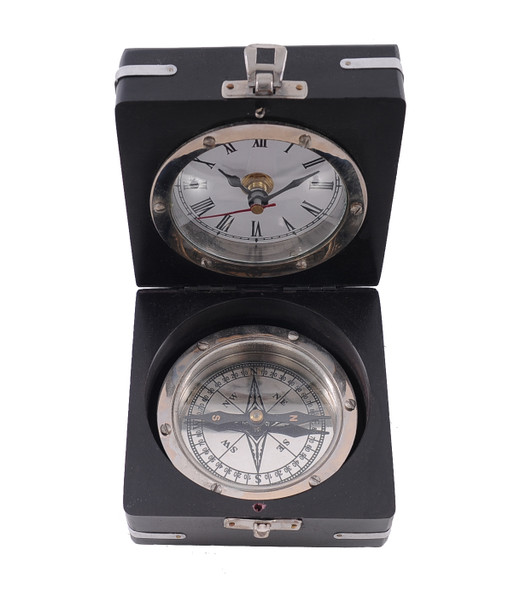 Brass Compass and Clock with Wooden Case