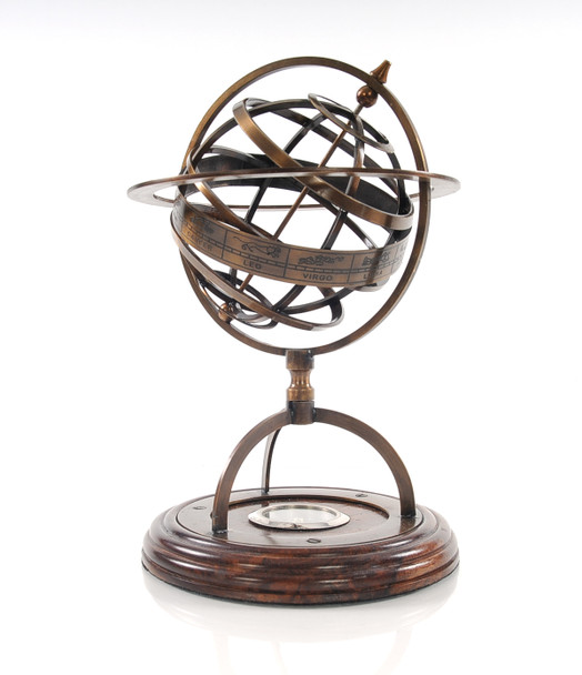 7" x 7" x 11" Brass Armillary With Compass On Wood Base