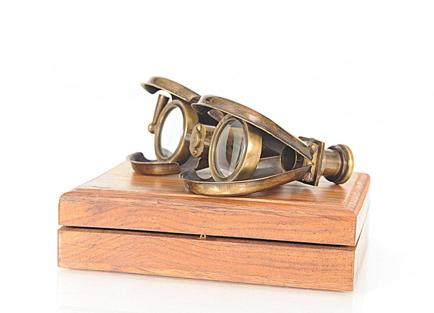 Brass Folding Pocket Binocular in Wood Storage Box